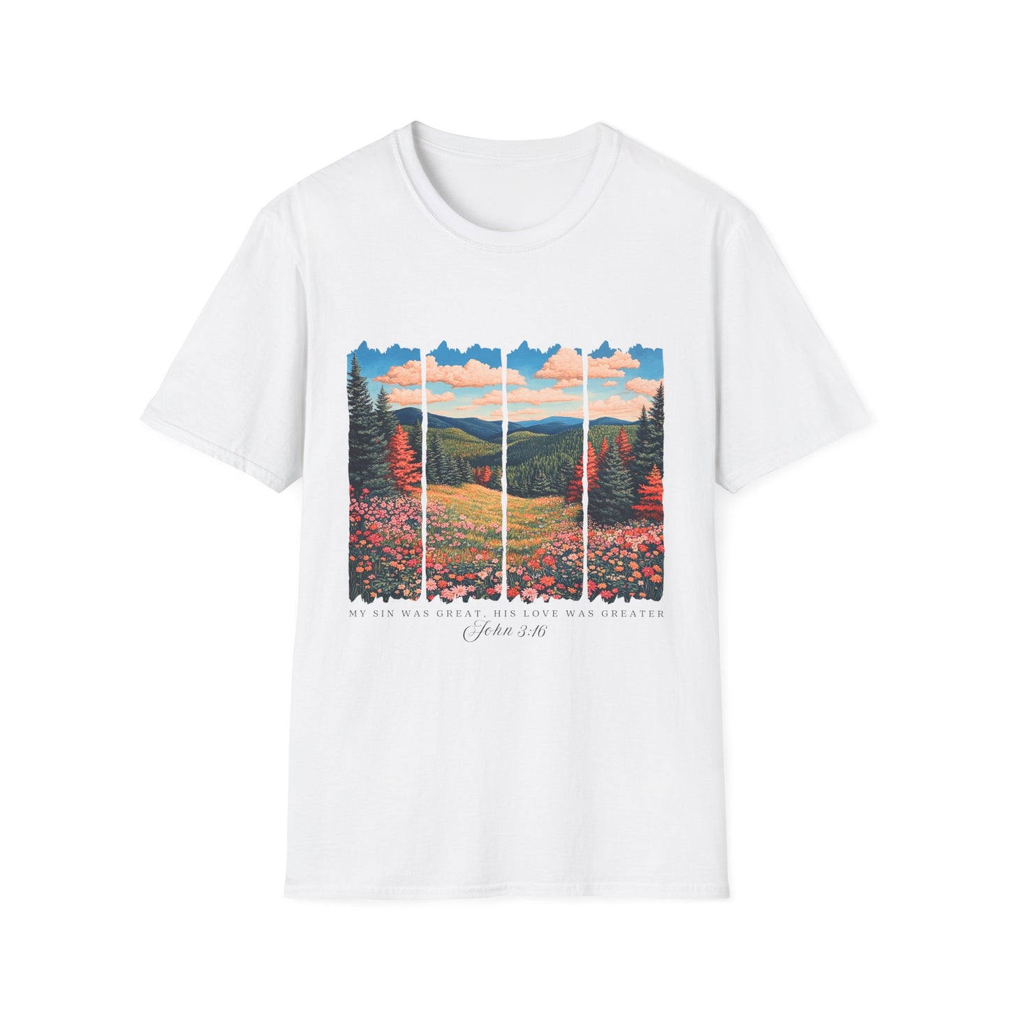 Scenic Meadow Sunrise T-Shirt — Vintage Window Pane Mountain Landscape Tee