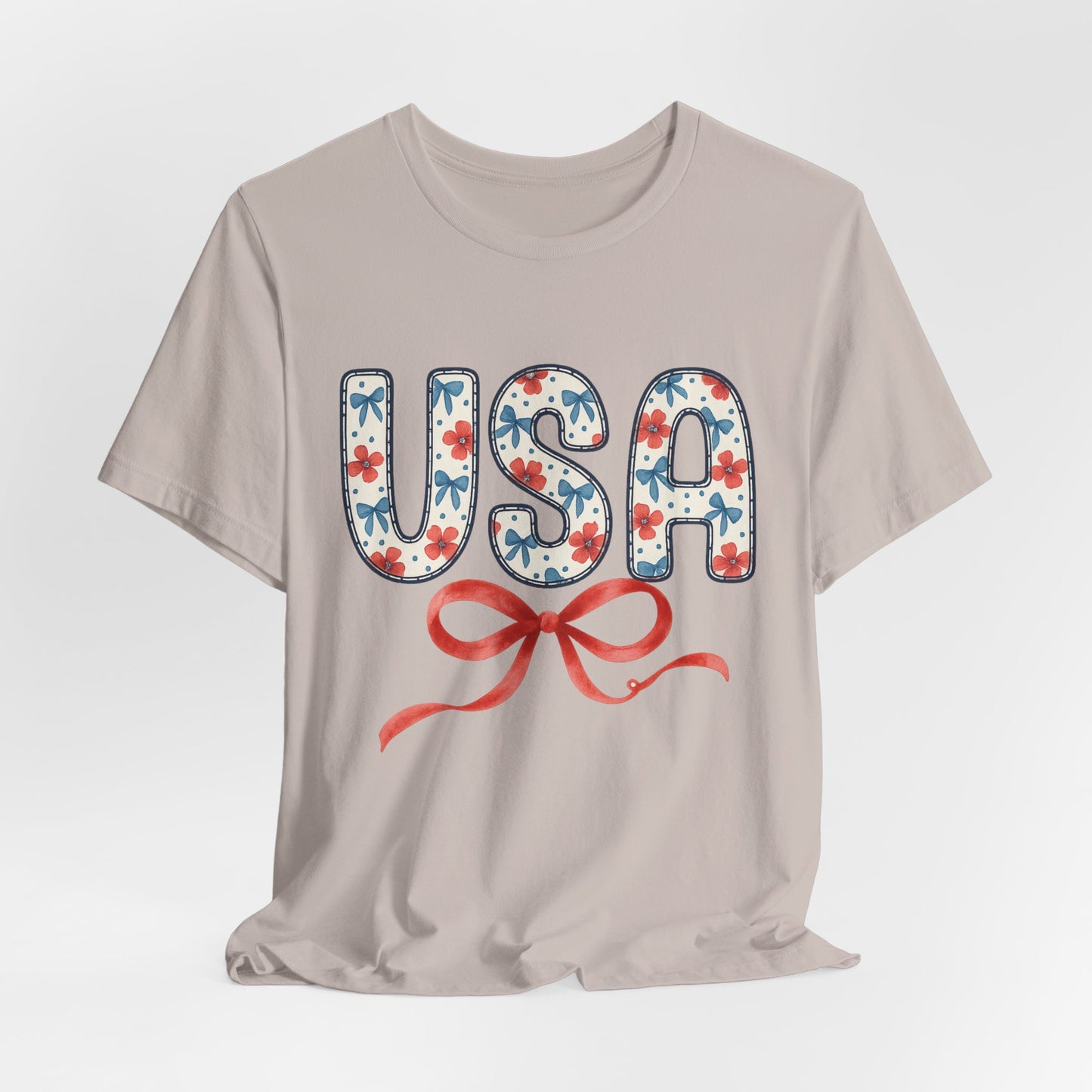 USA Floral Graphic Tee with Ribbon – 4th of July Patriotic Shirt