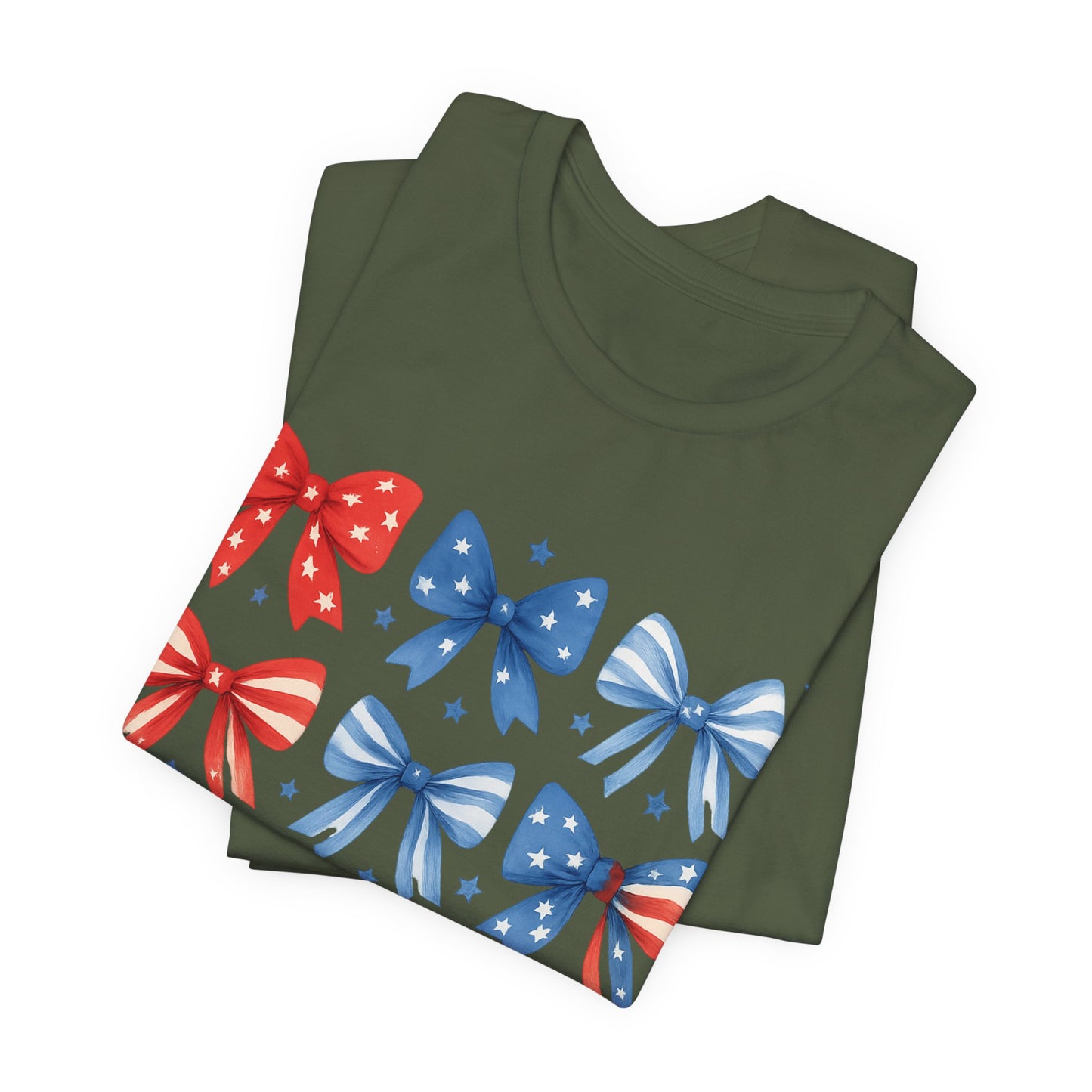 Patriotic Red & Blue Bows Tee — 4th of July Graphic T-Shirt