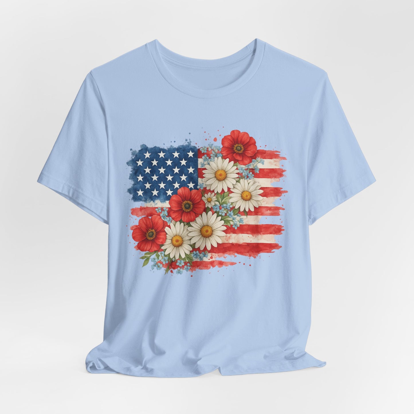 American Flag Floral T‑Shirt – Patriotic Daisy & Poppy USA Tee