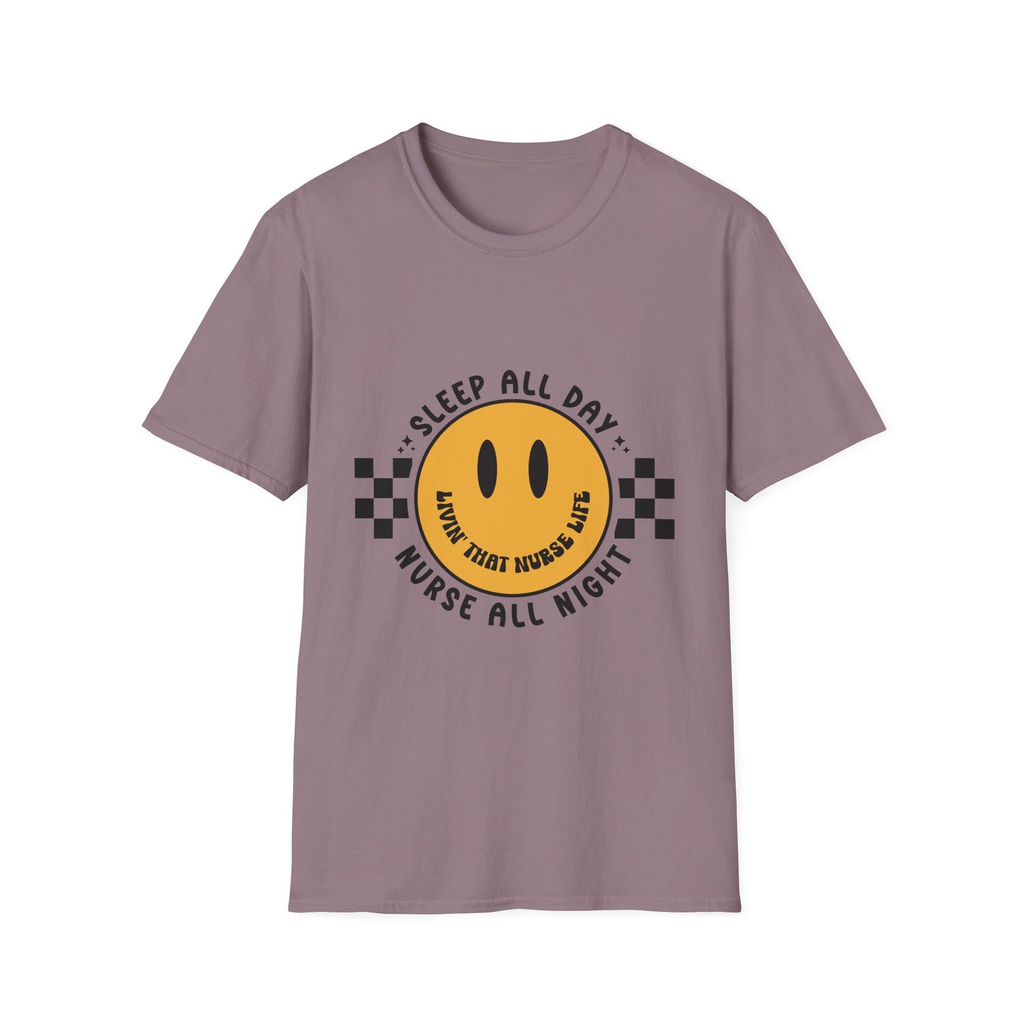 Nurse Smiley Tee — “Sleep All Day, Nurse All Night” Graphic T-Shirt
