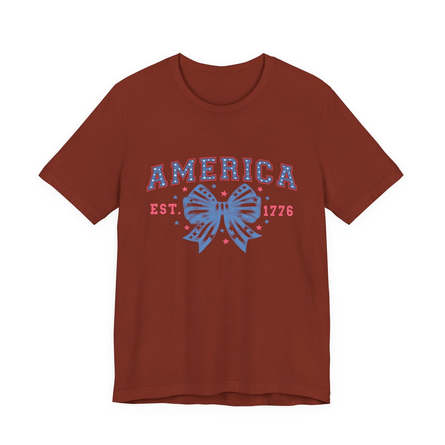 America Est. 1776 Patriotic T-Shirt – Stars & Stripes Bow Graphic