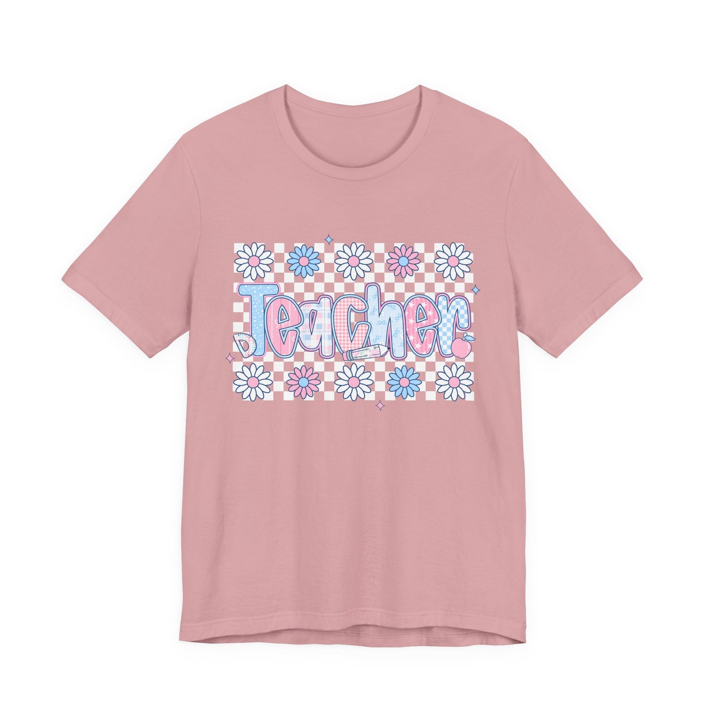 Teacher Daisy Graphic Tee – Cute Pink & Blue Floral Classroom Shirt
