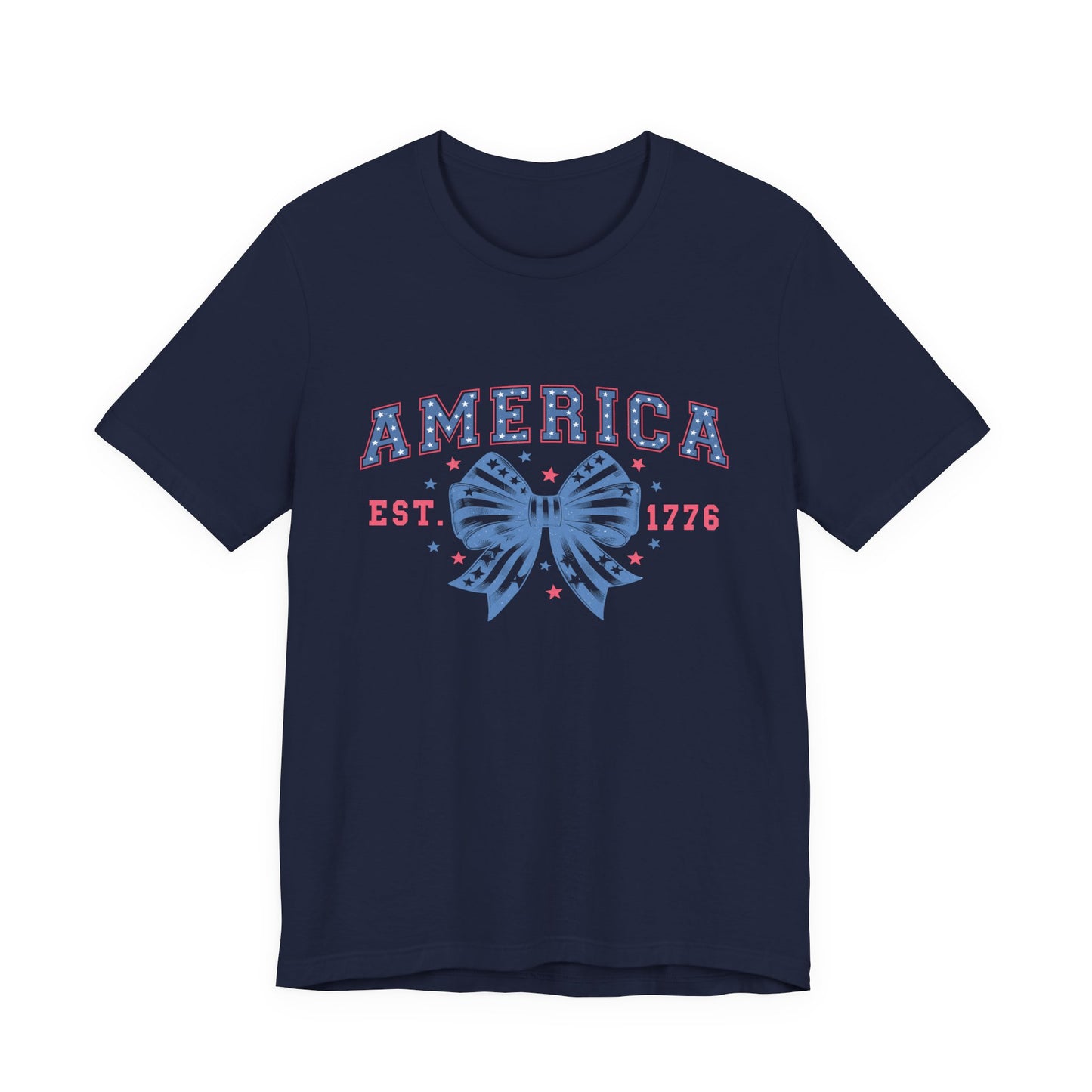 America Est. 1776 Patriotic T-Shirt – Stars & Stripes Bow Graphic