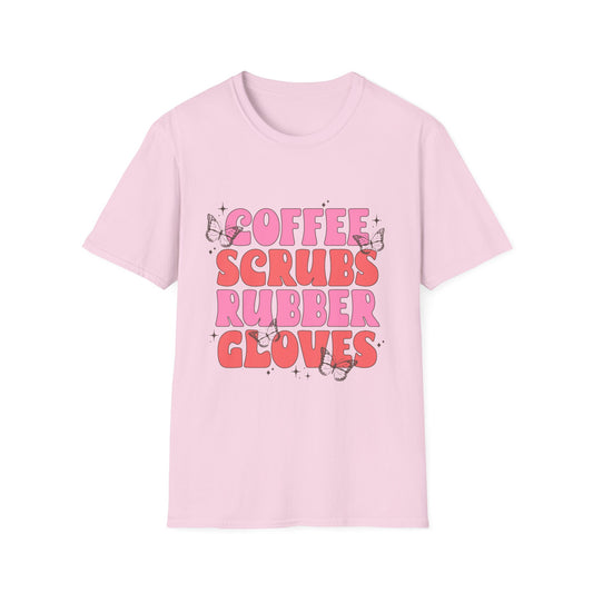 Coffee Scrubs Rubber Gloves T-Shirt — Cute Nurse/Healthcare Graphic Tee