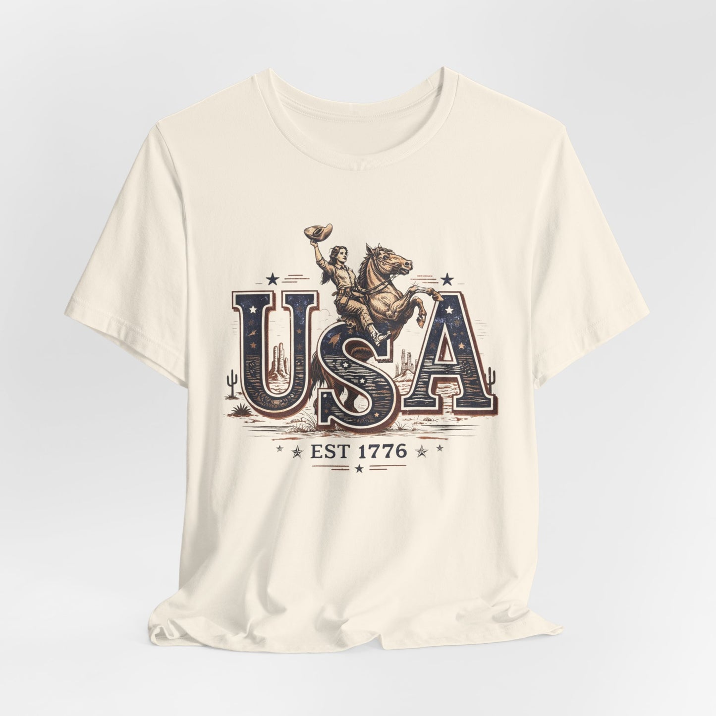USA Western Rodeo T-Shirt – 'USA EST 1776' Patriotic Cowboy Tee