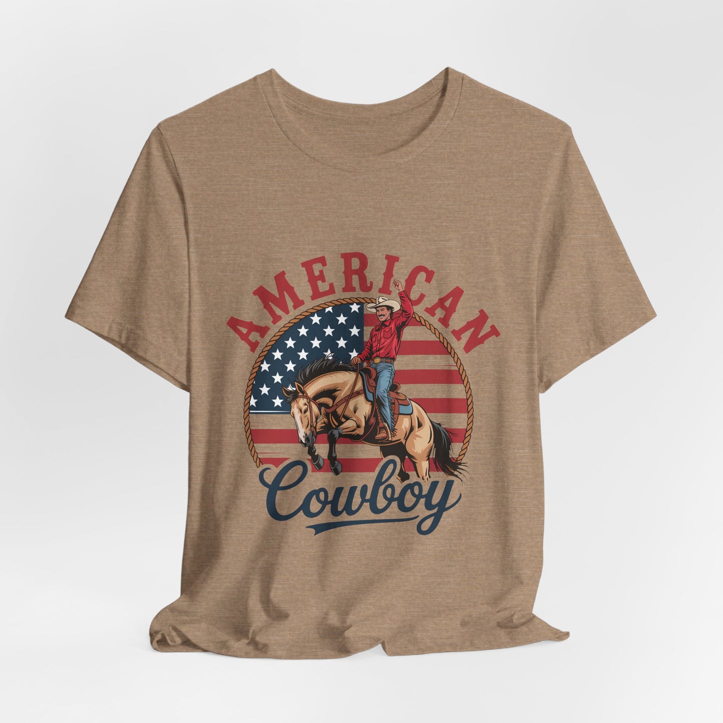American Cowboy T-Shirt – patriotic rodeo tee with flag and rider