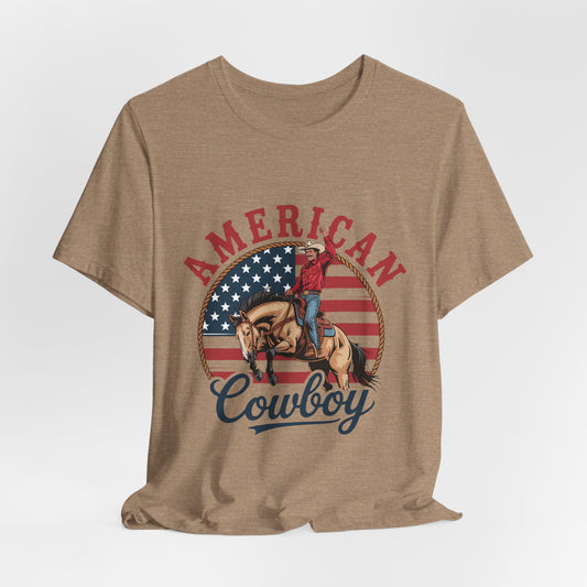 American Cowboy T-Shirt – patriotic rodeo tee with flag and rider