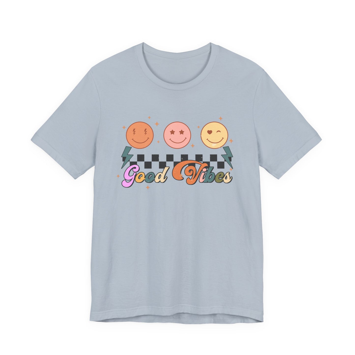 Good Vibes Smiley Tee — Retro Checkerboard Positive Graphic T-Shirt