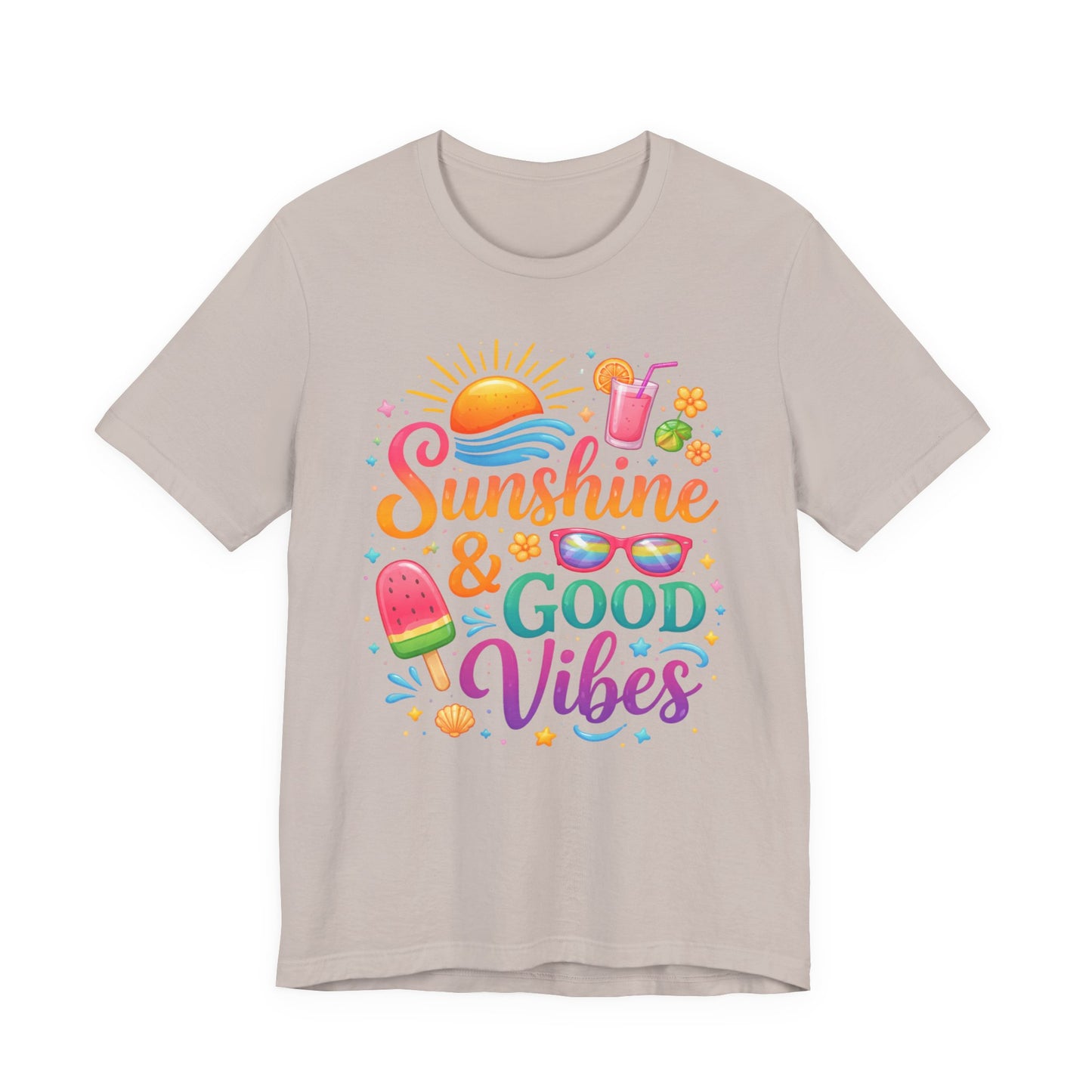 Sunshine & Good Vibes T-Shirt | Summer Beach Drink Sunglasses Popsicle Design