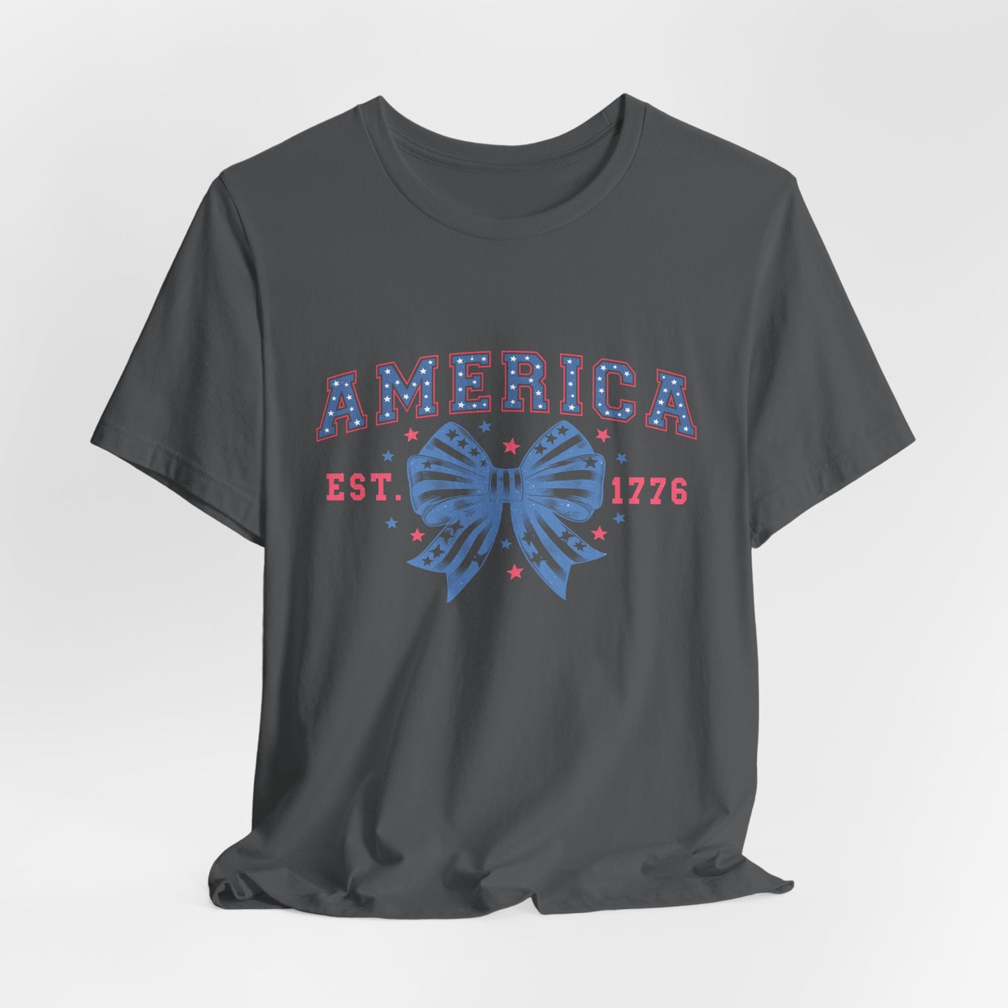 America Est. 1776 Patriotic T-Shirt – Stars & Stripes Bow Graphic