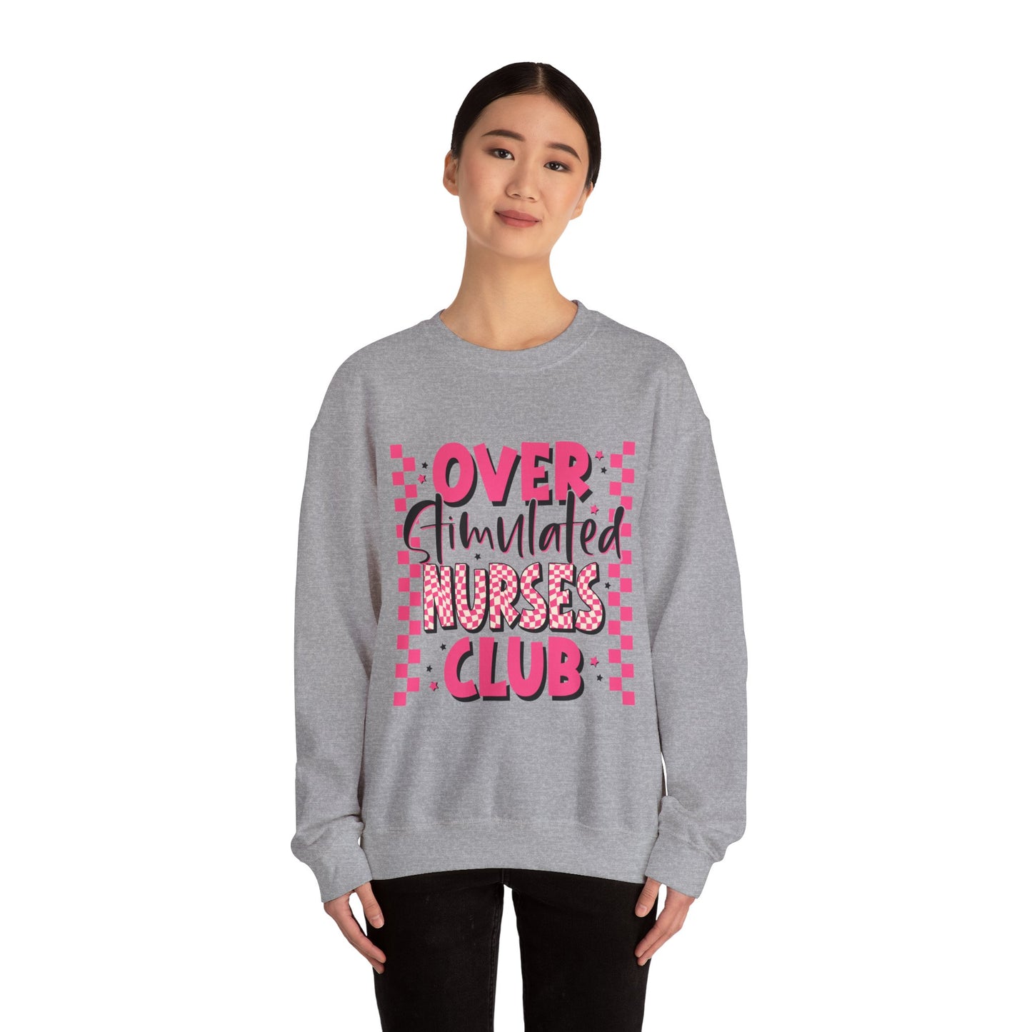 Crewneck Sweatshirt — "Overstimulated Nurses Club" Pink Checker Graphic
