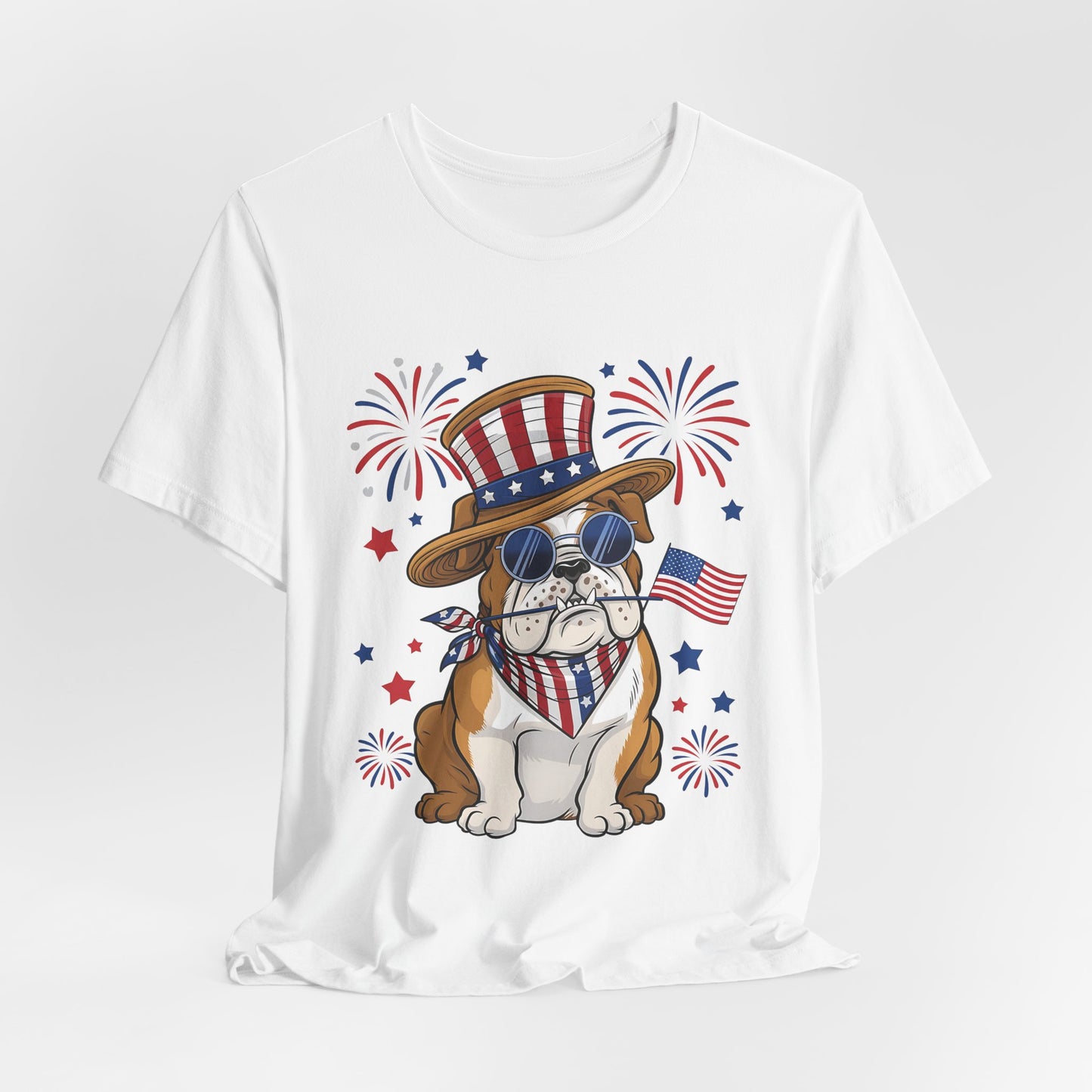 Patriotic Bulldog T-Shirt — American Flag Pup with Uncle Sam Hat & Fireworks (4th of July Tee)