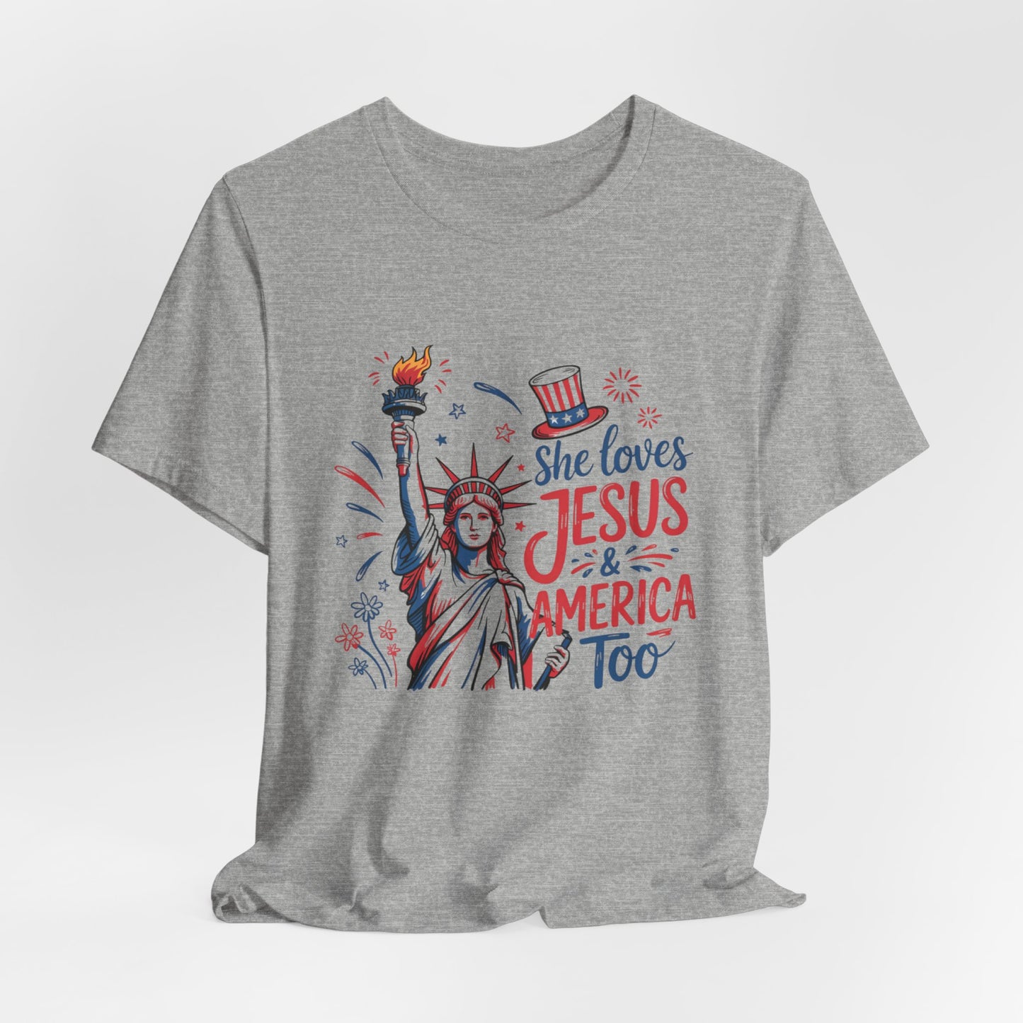 She Loves Jesus & America Too T-Shirt – Patriotic Statue of Liberty Christian Tee