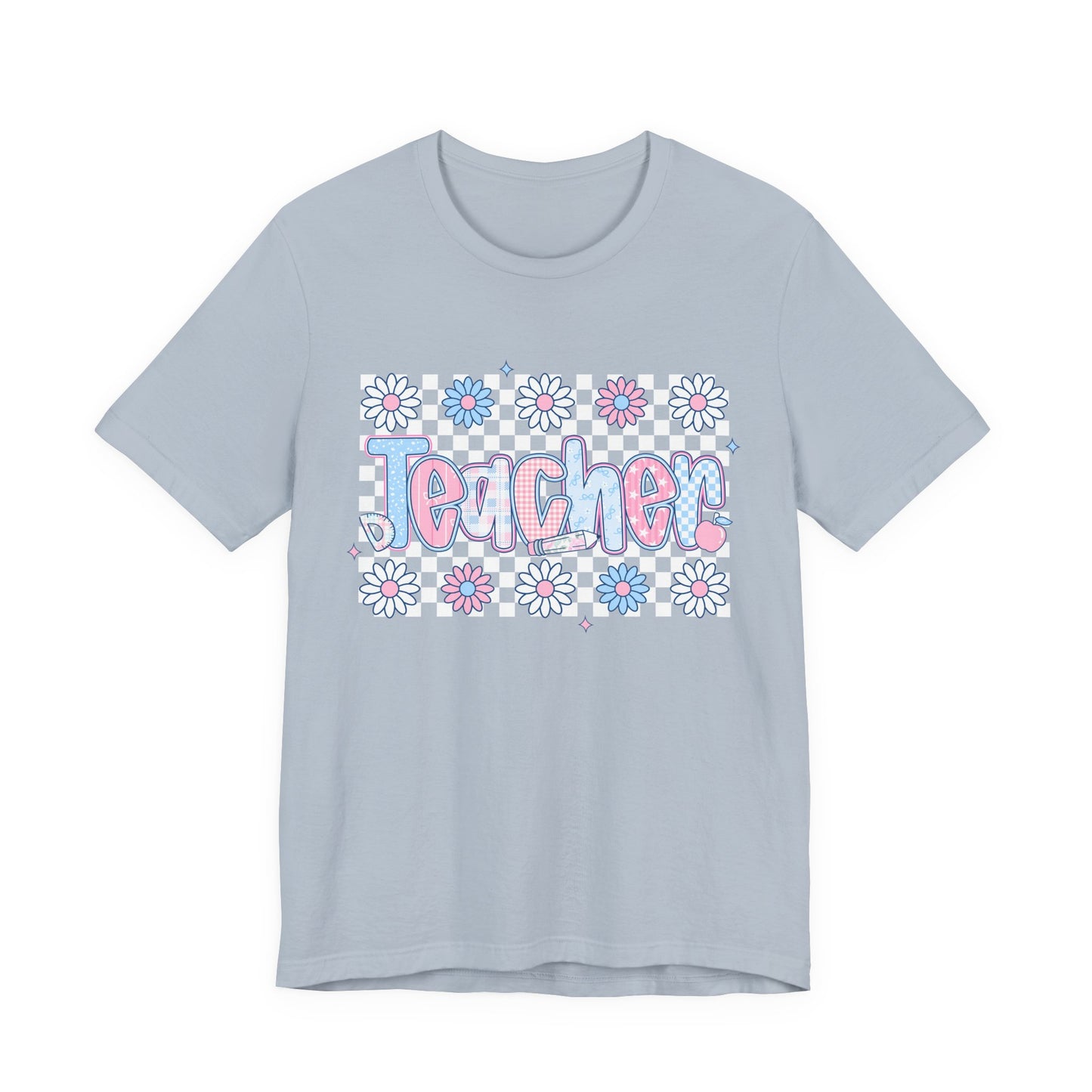 Teacher Daisy Graphic Tee – Cute Pink & Blue Floral Classroom Shirt