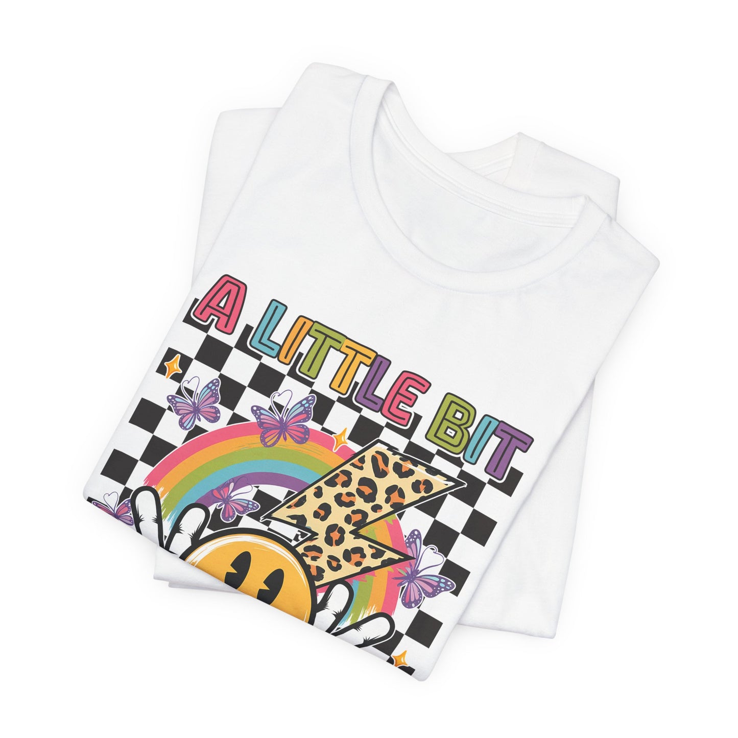 A Little Bit Dramatic Graphic Tee — Smiley Rainbow Checkerboard T-Shirt