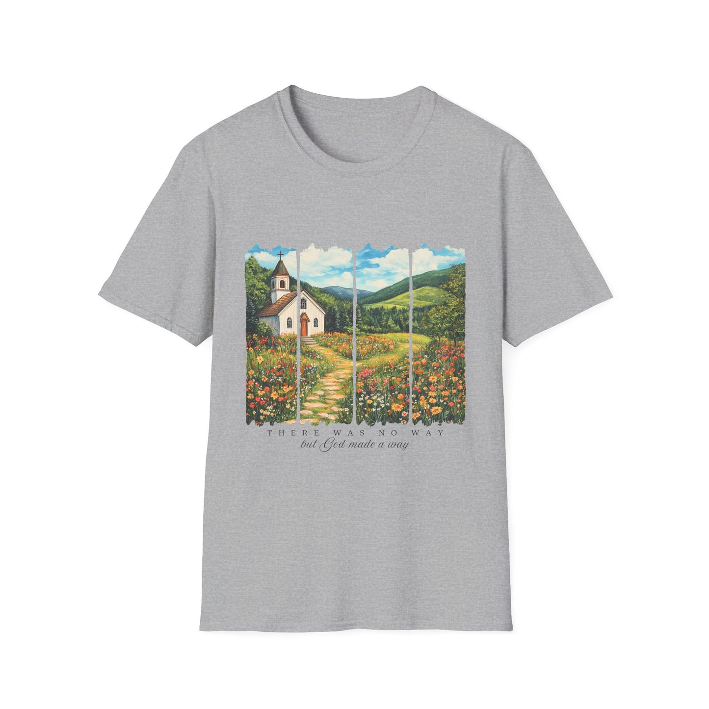 Scenic Chapel Landscape T-Shirt — Countryside Floral Mountain Art Tee