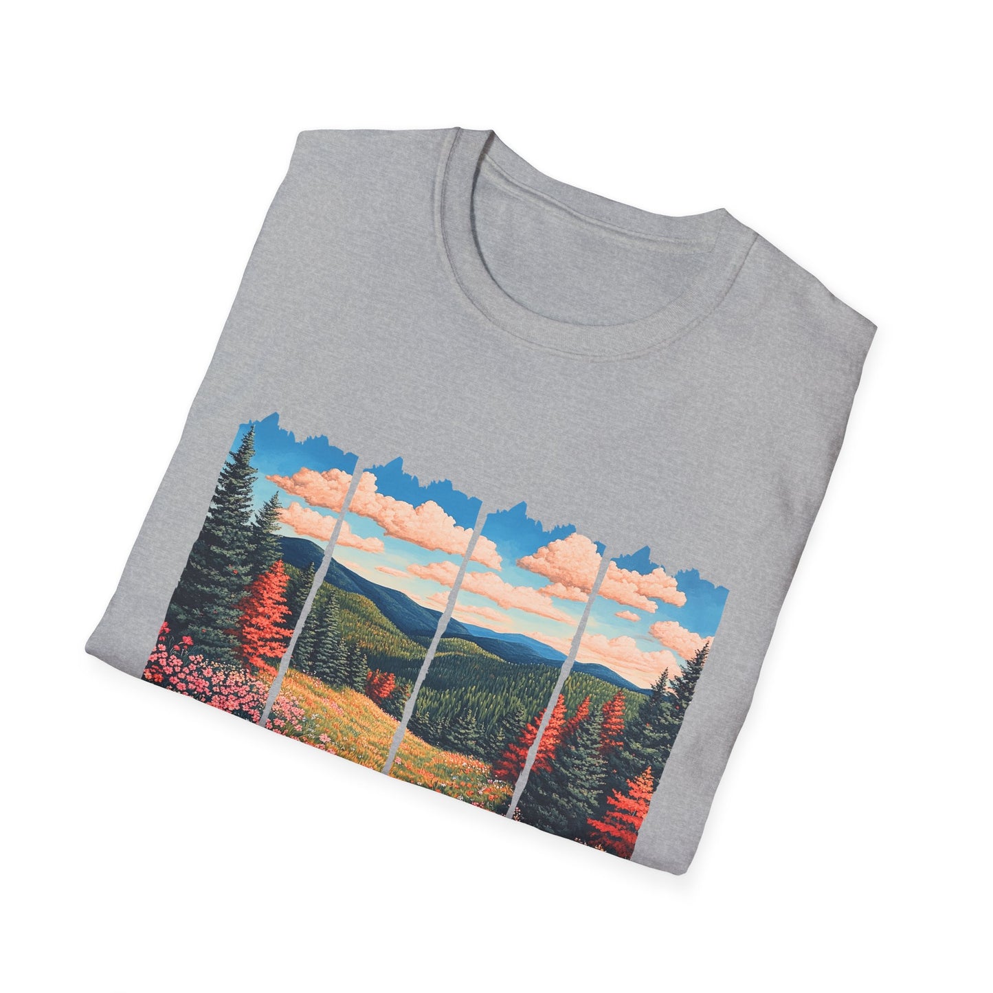 Scenic Meadow Sunrise T-Shirt — Vintage Window Pane Mountain Landscape Tee