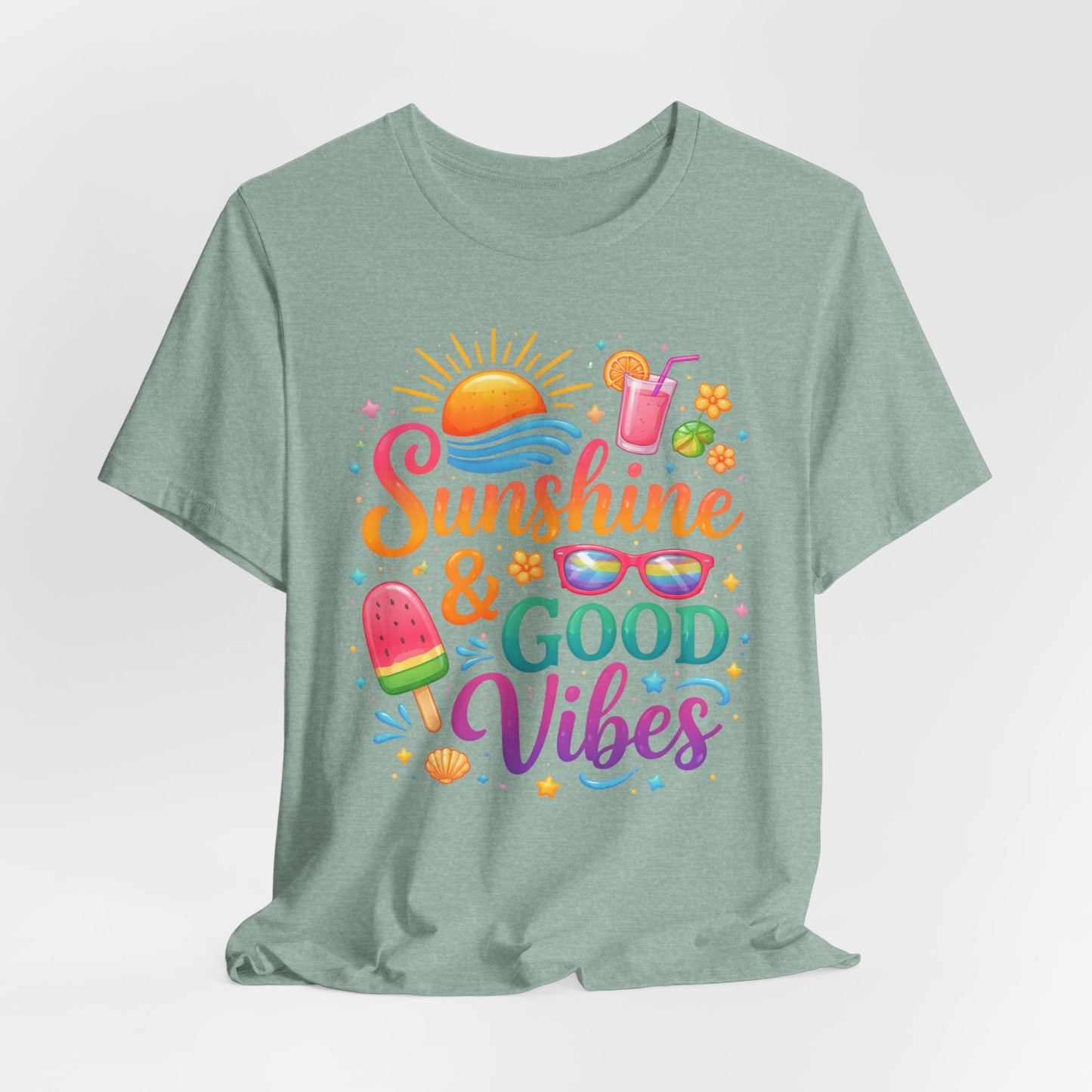 Sunshine & Good Vibes T-Shirt | Summer Beach Drink Sunglasses Popsicle Design