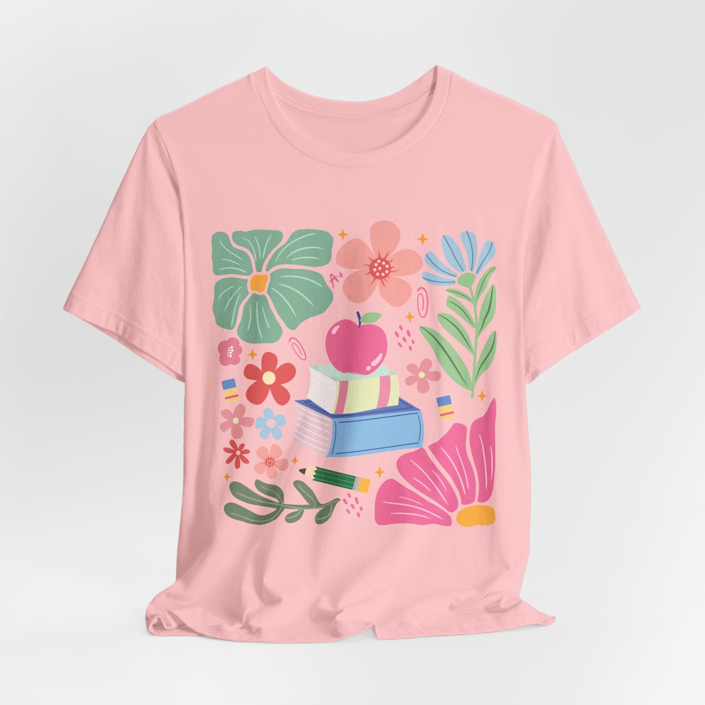 Floral Books & Apple Tee — Cute Spring Reading T-Shirt