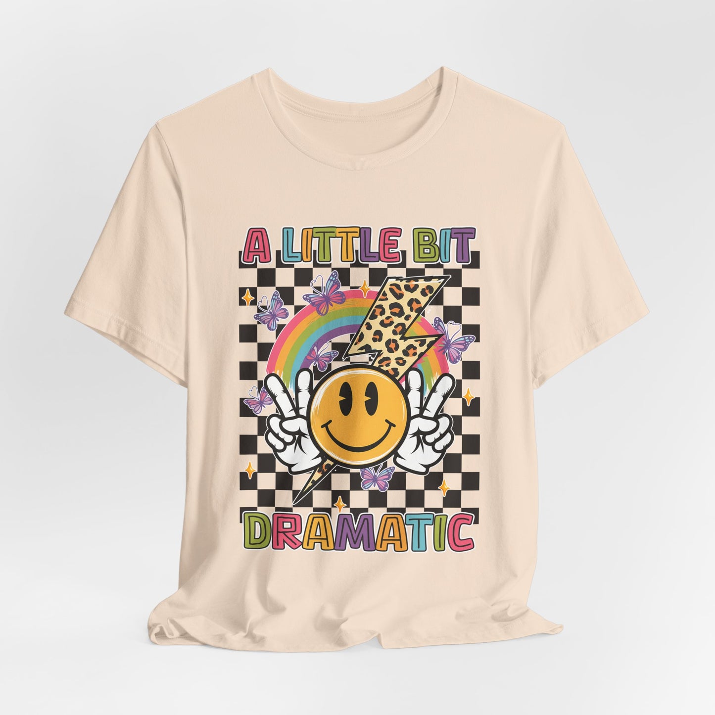 A Little Bit Dramatic Graphic Tee — Smiley Rainbow Checkerboard T-Shirt