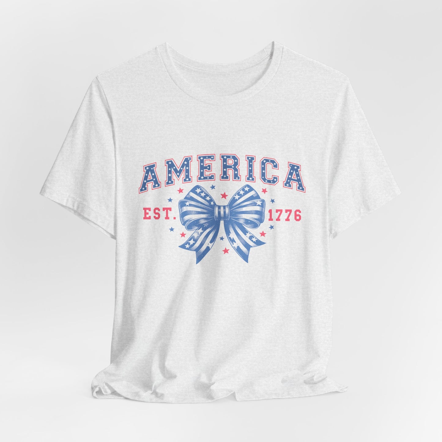 America Est. 1776 Patriotic T-Shirt – Stars & Stripes Bow Graphic