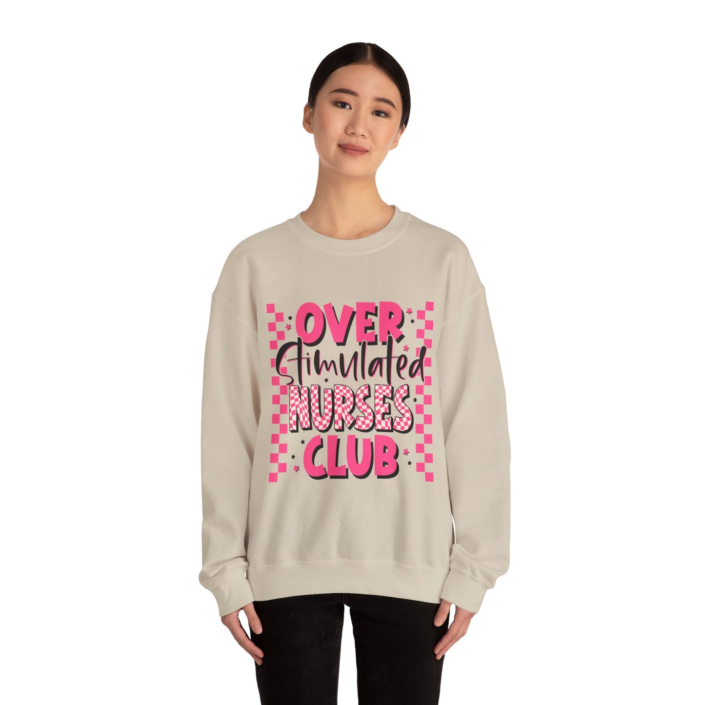 Crewneck Sweatshirt — "Overstimulated Nurses Club" Pink Checker Graphic