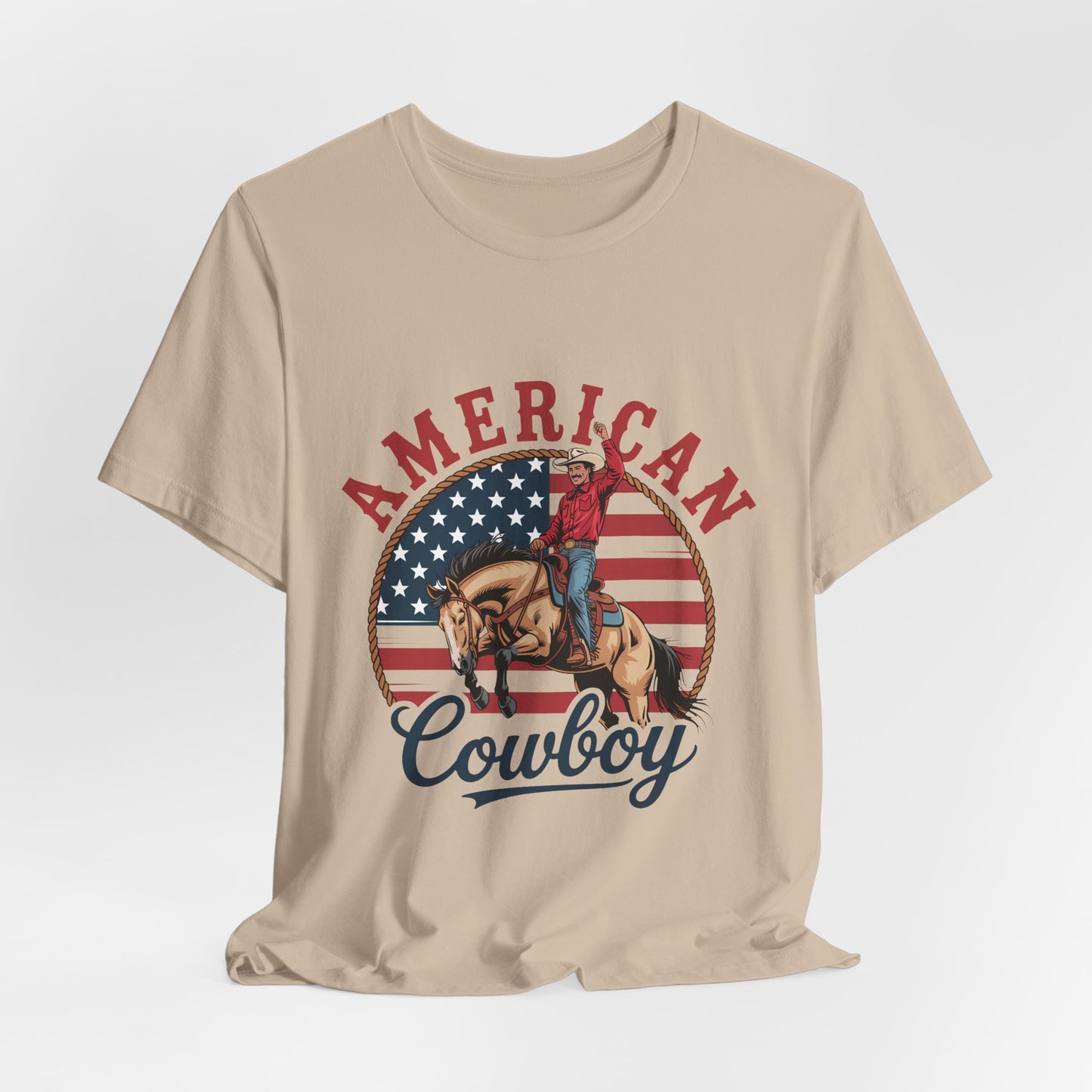 American Cowboy T-Shirt – patriotic rodeo tee with flag and rider