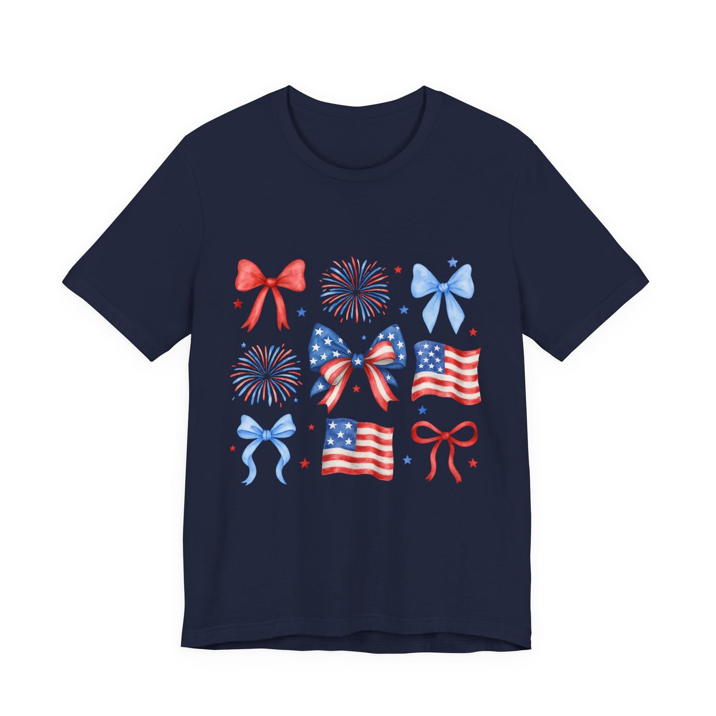 Patriotic Bows & Flags Tee — 4th of July Fireworks Graphic T-Shirt