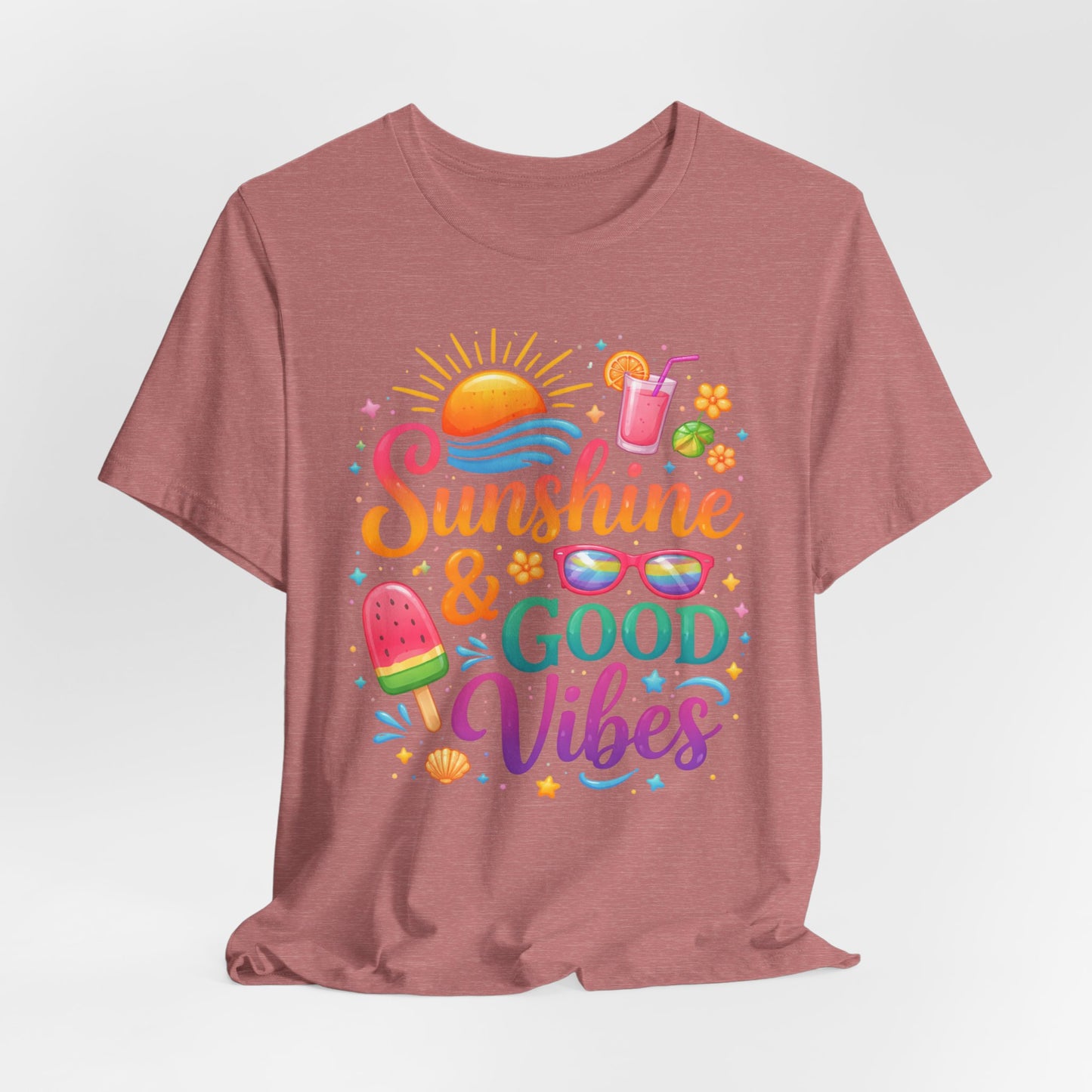 Sunshine & Good Vibes T-Shirt | Summer Beach Drink Sunglasses Popsicle Design