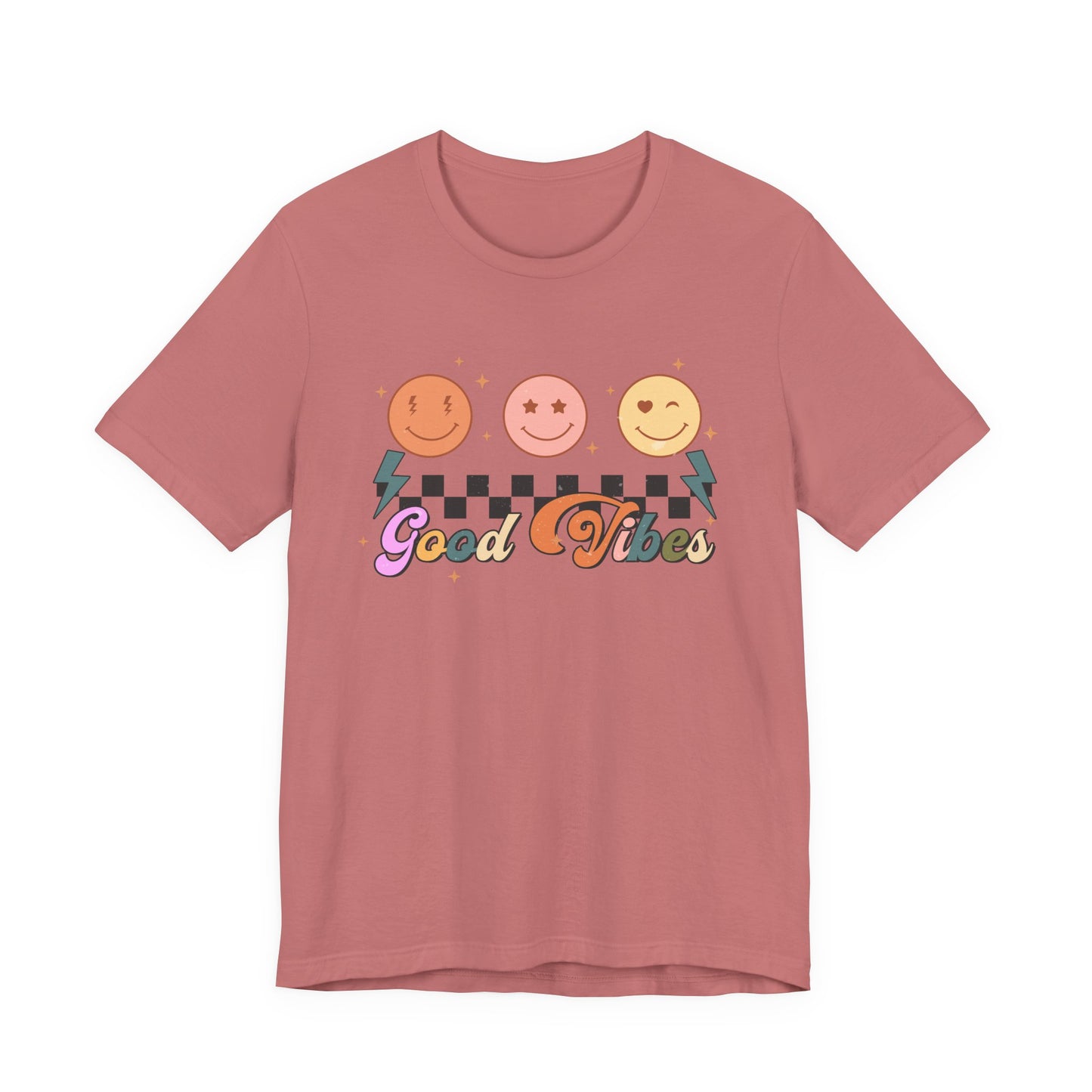 Good Vibes Smiley Tee — Retro Checkerboard Positive Graphic T-Shirt