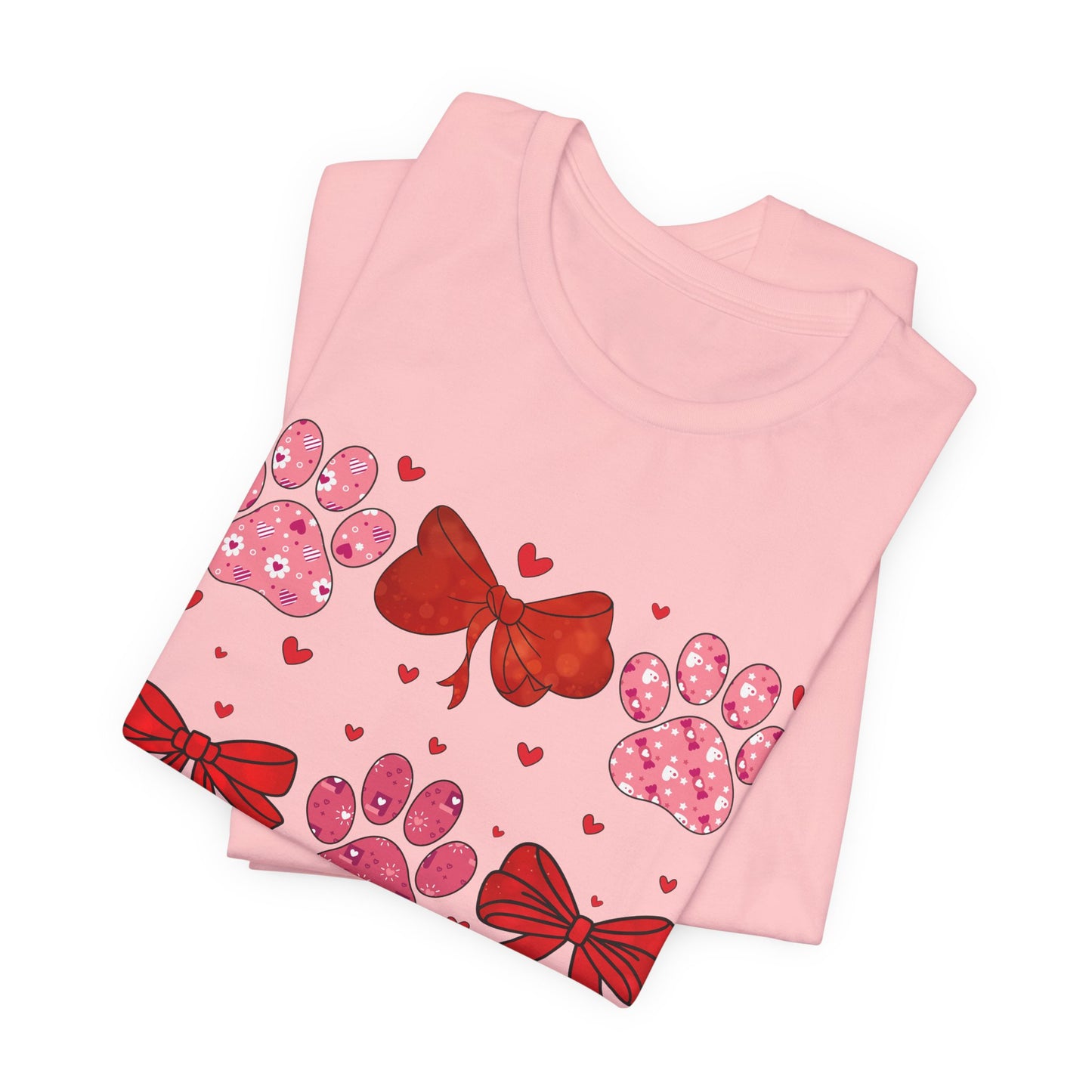 Valentine Paw Prints T‑Shirt — Cute Red Bows & Hearts Pet Lover Tee