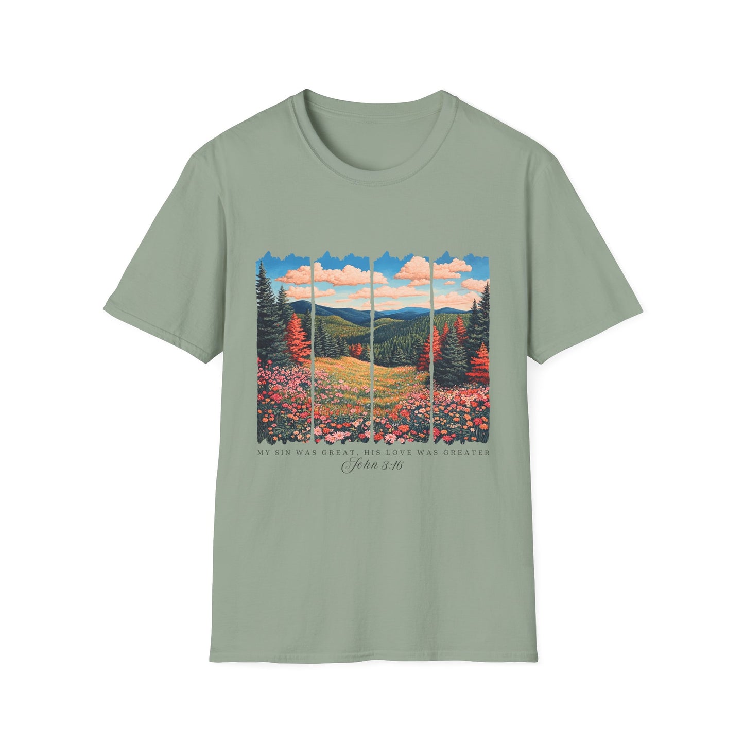 Scenic Meadow Sunrise T-Shirt — Vintage Window Pane Mountain Landscape Tee