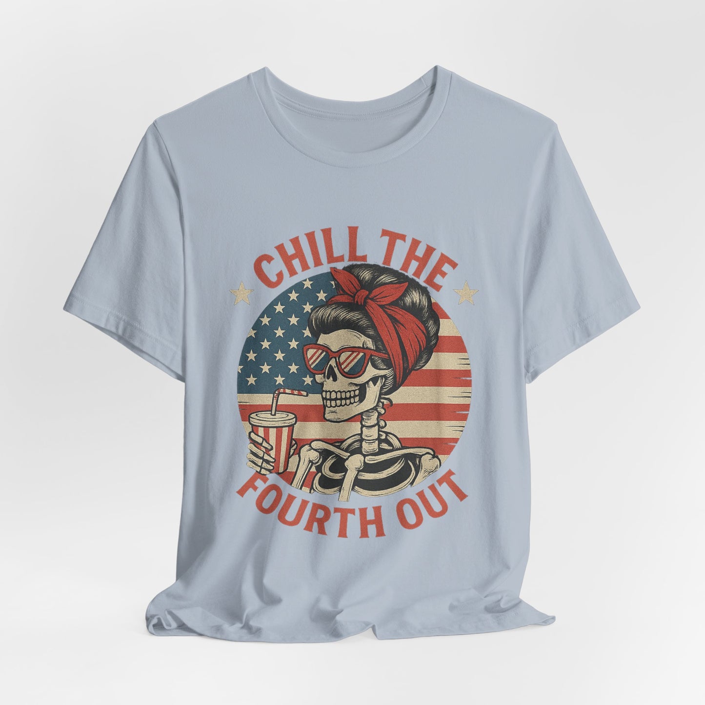 Chill the Fourth Out Tee – Retro Skull with American Flag & Drink | 4th of July Patriotic Shirt