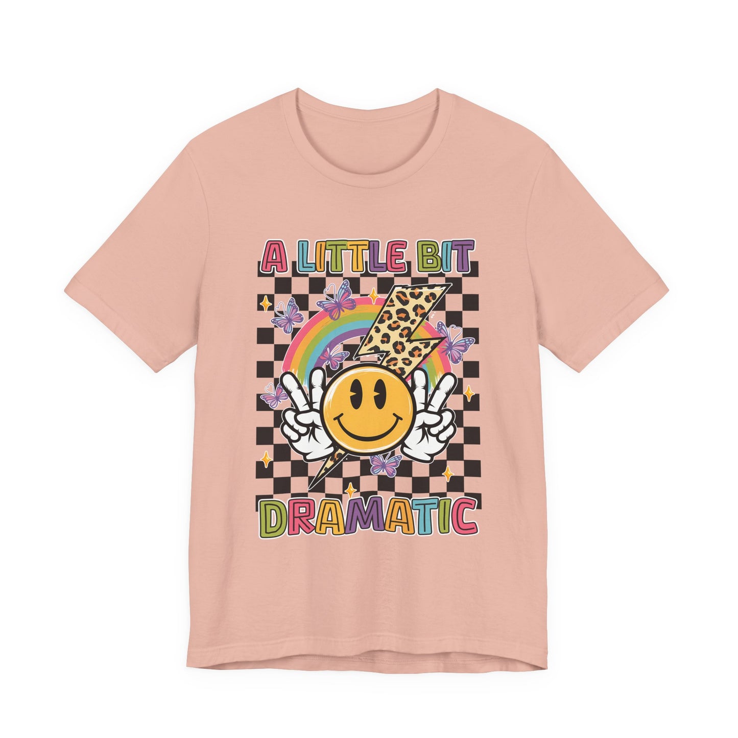 A Little Bit Dramatic Graphic Tee — Smiley Rainbow Checkerboard T-Shirt