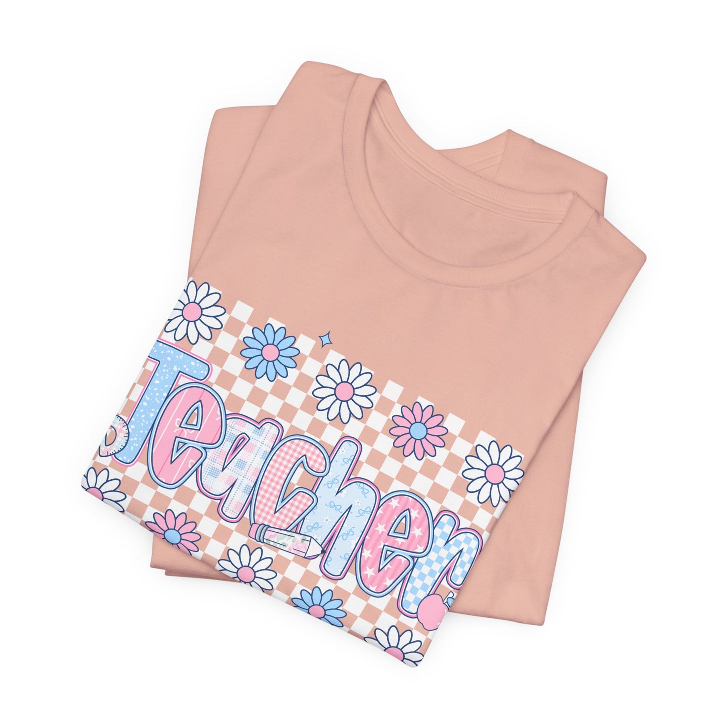 Teacher Daisy Graphic Tee – Cute Pink & Blue Floral Classroom Shirt
