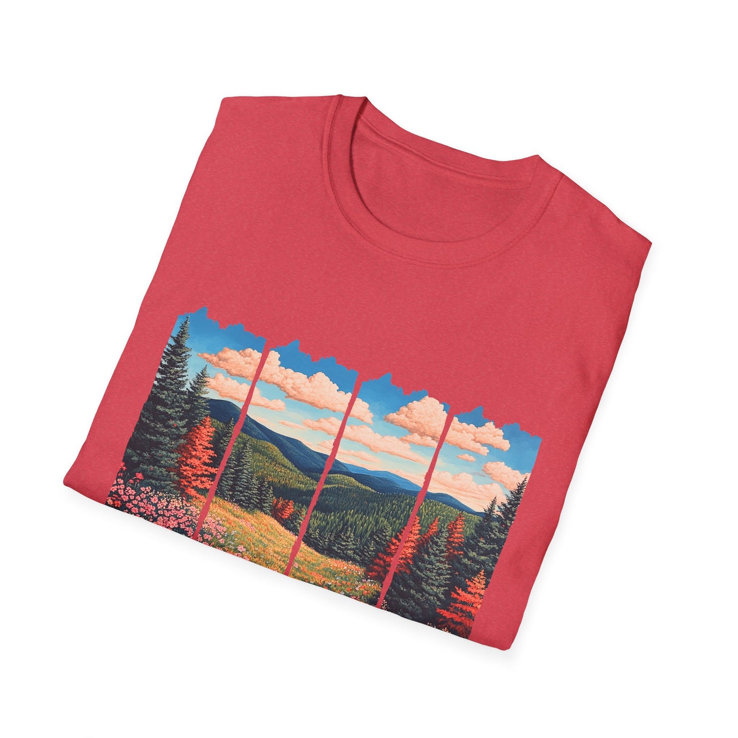 Scenic Meadow Sunrise T-Shirt — Vintage Window Pane Mountain Landscape Tee