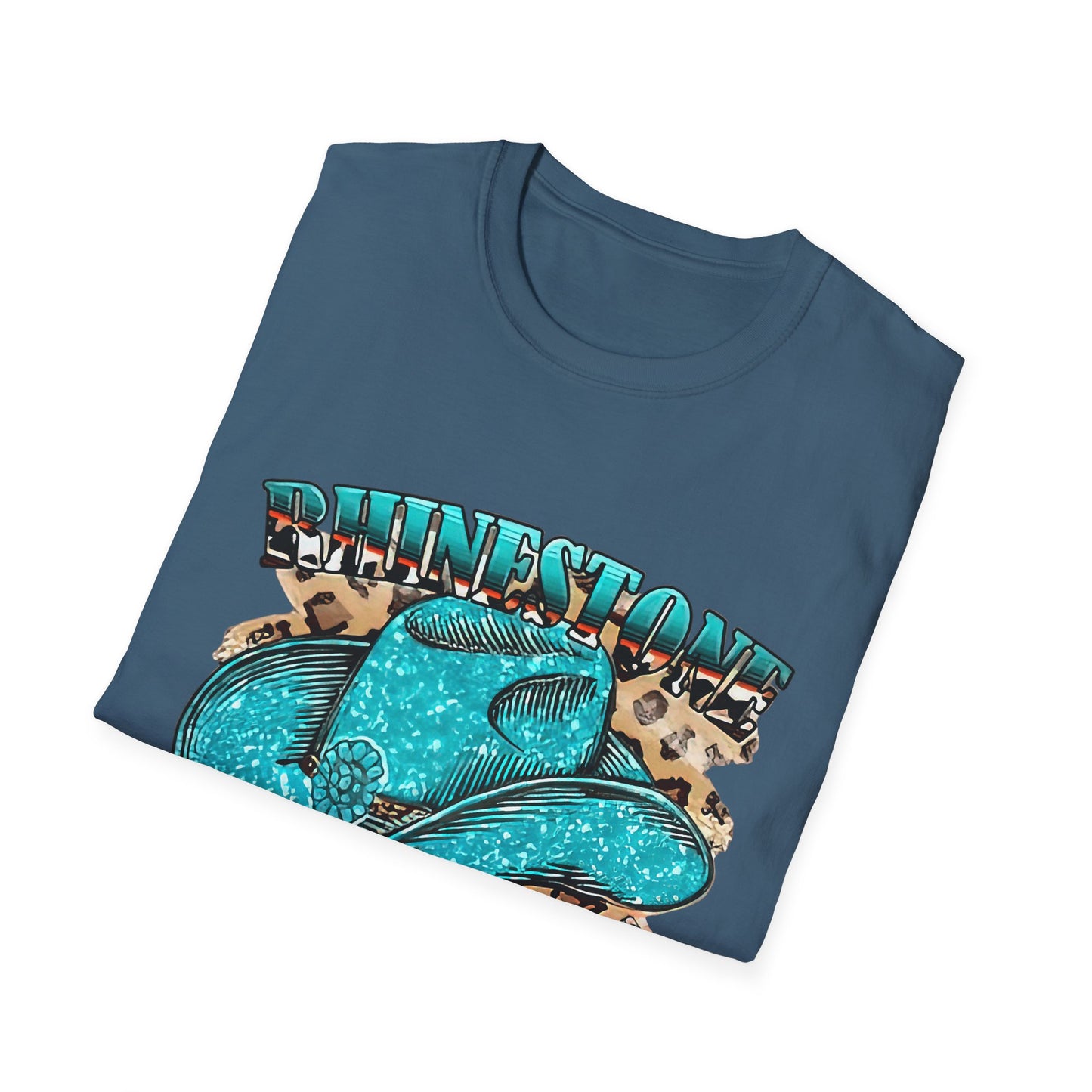 Rhinestone Cowgirl Tee – Turquoise Cowboy Hat on Leopard Print
