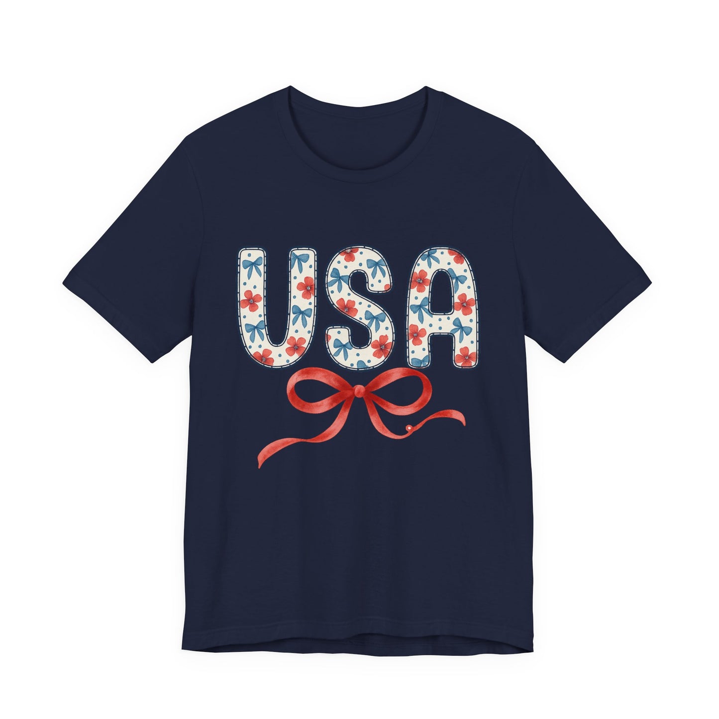 USA Floral Graphic Tee with Ribbon – 4th of July Patriotic Shirt