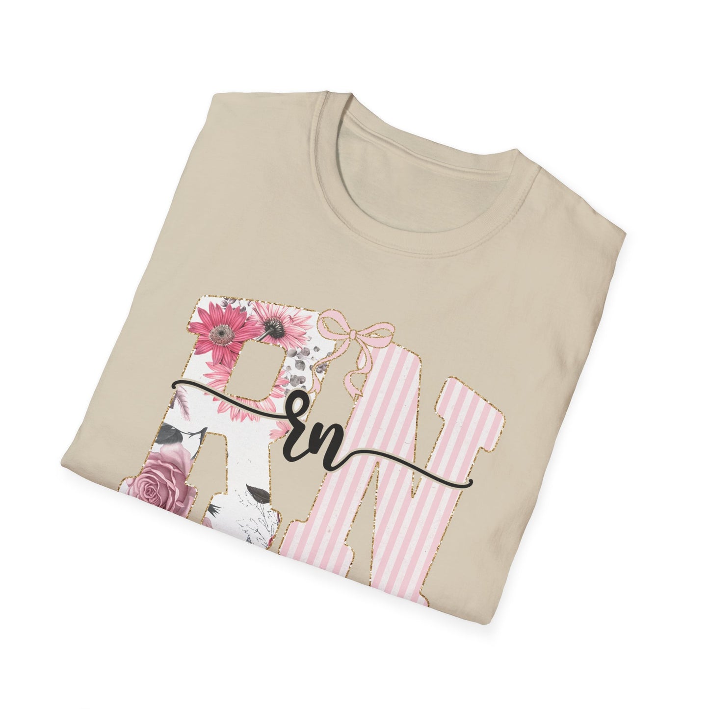 T-Shirt — RN Floral Script Design (Pink Stripes & Roses)