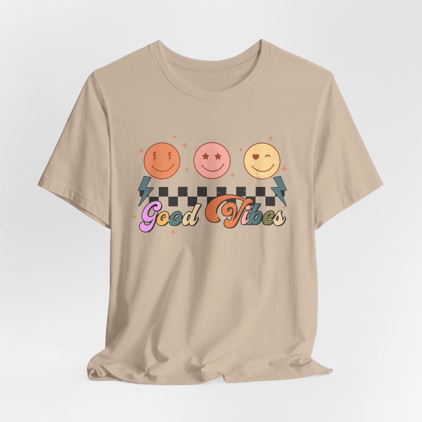 Good Vibes Smiley Tee — Retro Checkerboard Positive Graphic T-Shirt