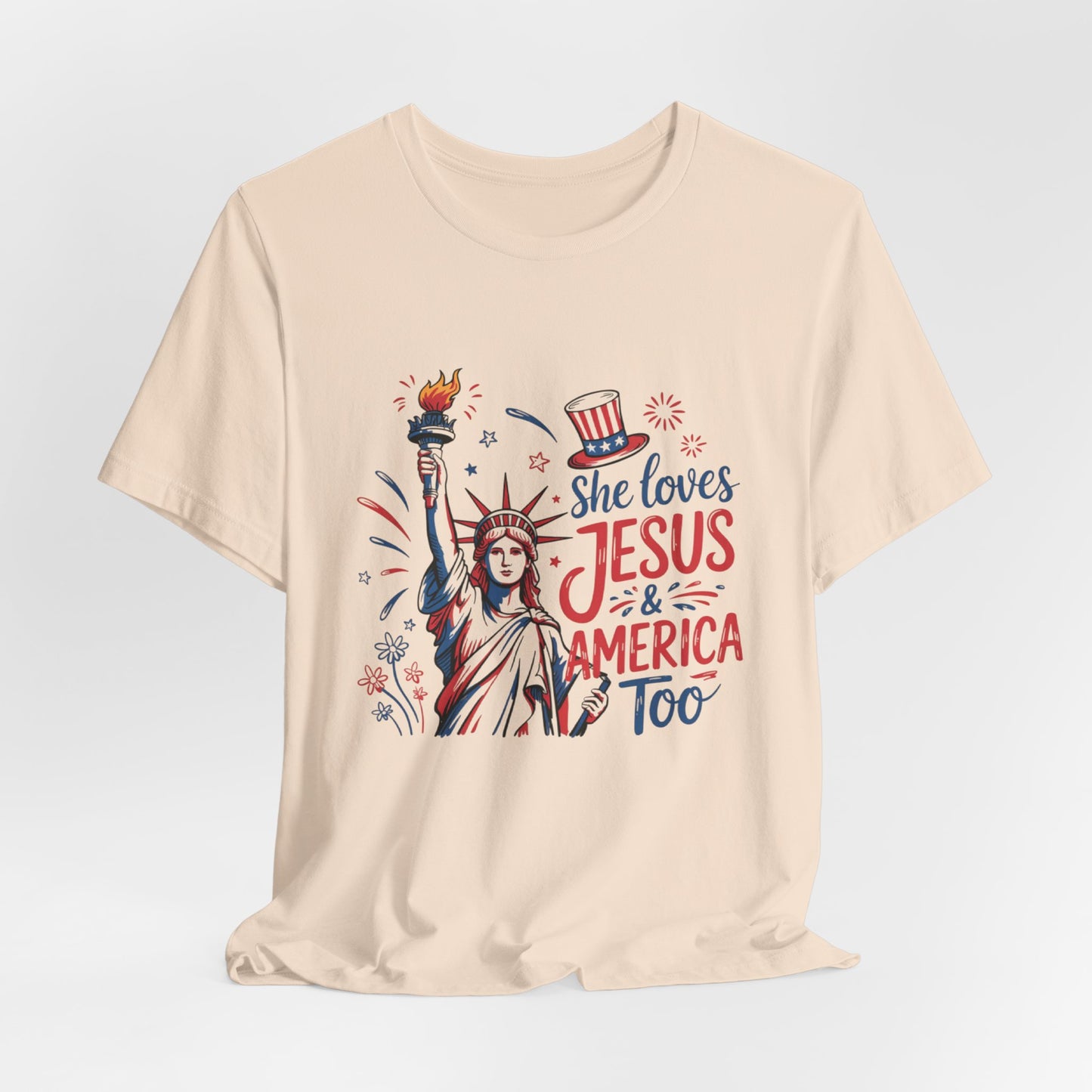 She Loves Jesus & America Too T-Shirt – Patriotic Statue of Liberty Christian Tee