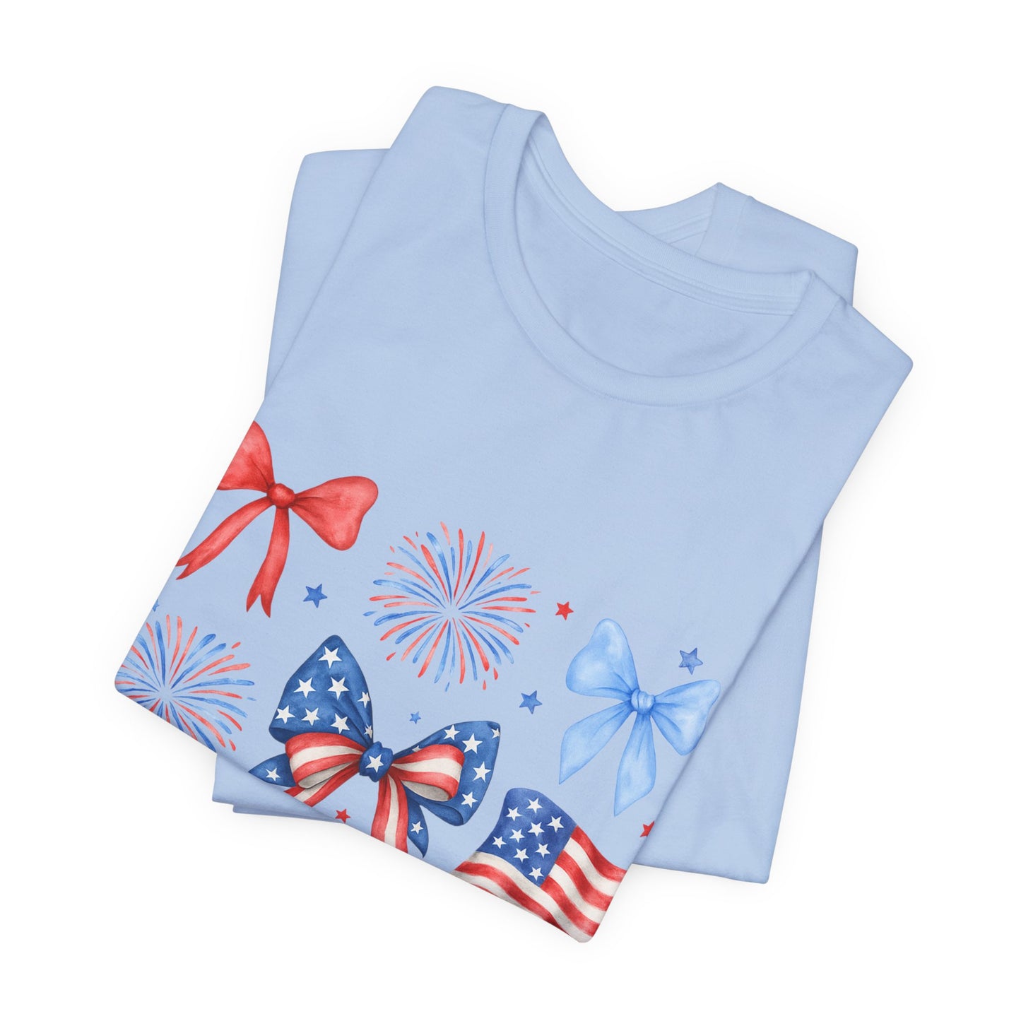 Patriotic Bows & Flags Tee — 4th of July Fireworks Graphic T-Shirt