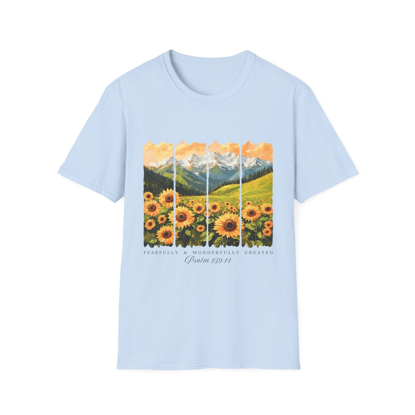 Sunflower Mountain Poster T-Shirt — Scenic Field & Peaks Graphic Tee