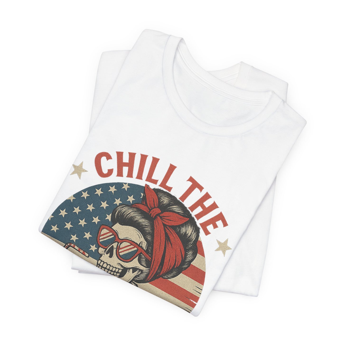 Chill the Fourth Out Tee – Retro Skull with American Flag & Drink | 4th of July Patriotic Shirt