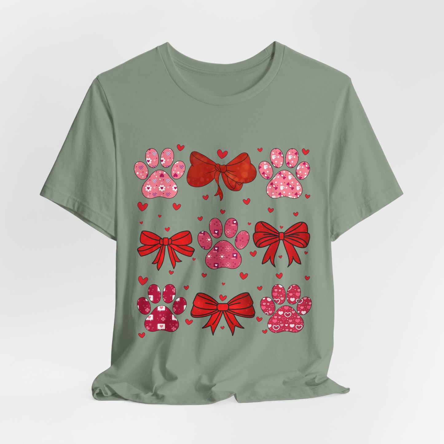 Valentine Paw Prints T‑Shirt — Cute Red Bows & Hearts Pet Lover Tee