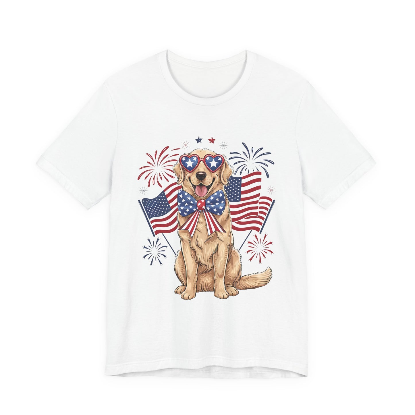 Patriotic Golden Retriever T‑Shirt — USA Flag Dog with Fireworks