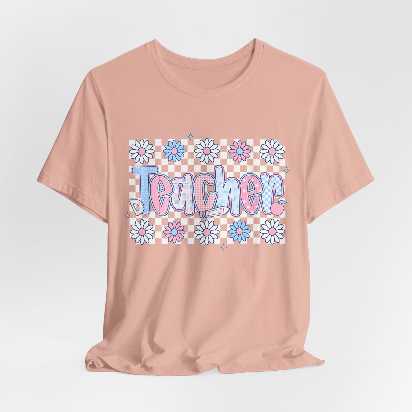 Teacher Daisy Graphic Tee – Cute Pink & Blue Floral Classroom Shirt