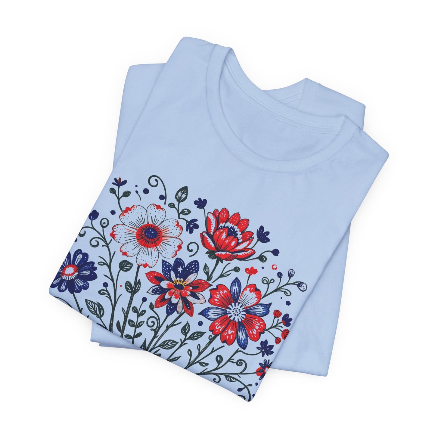 Patriotic Floral Tee — "America, Land of the Free"