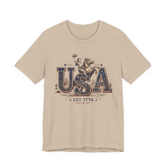 USA Western Rodeo T-Shirt – 'USA EST 1776' Patriotic Cowboy Tee